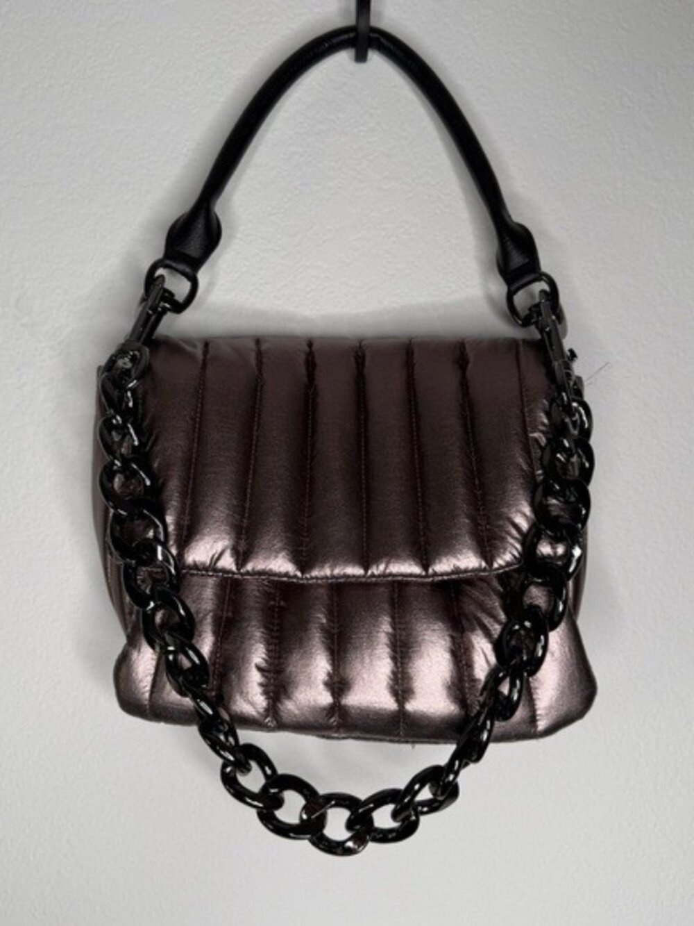 Think Royln Quilted Metallic Shoulder Bag Chain Strap Gunmetal Finish